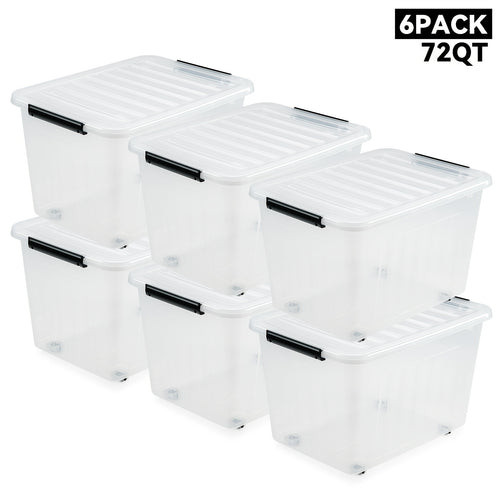 Storage Containers with Lids and Wheels | Stackable 72QT & 97QT Plastic Bins | 4 or 6 Pack | Locking Lid | Clear, Pink/White, Gray/Yellow | Home Garage