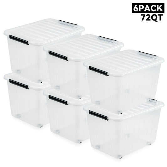 Storage Containers with Lids and Wheels | Stackable 72QT & 97QT Plastic Bins | 4 or 6 Pack | Locking Lid | Clear, Pink/White, Gray/Yellow | Home Garage