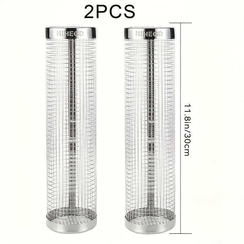 Rolling Grill Basket Stainless Steel 2-Pack – Cylinder BBQ Basket with Hook & Fork for Vegetables, Meatballs & Seafood | Outdoor Camping Bonfire Grill Accessory