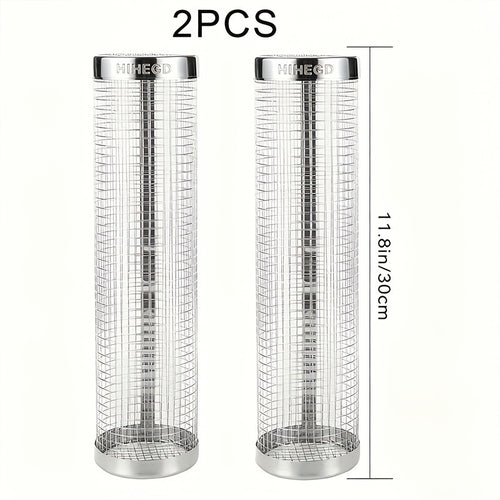 Rolling Grill Basket Stainless Steel 2-Pack – Cylinder BBQ Basket with Hook & Fork for Vegetables, Meatballs & Seafood | Outdoor Camping Bonfire Grill Accessory