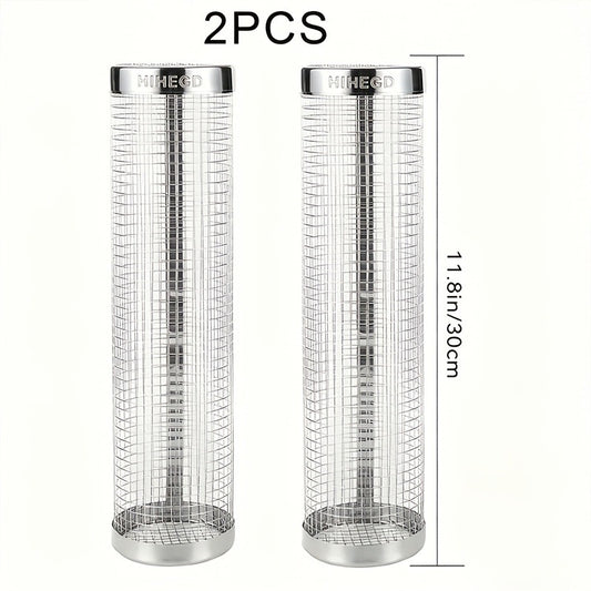 Rolling Grill Basket Stainless Steel 2-Pack – Cylinder BBQ Basket with Hook & Fork for Vegetables, Meatballs & Seafood | Outdoor Camping Bonfire Grill Accessory