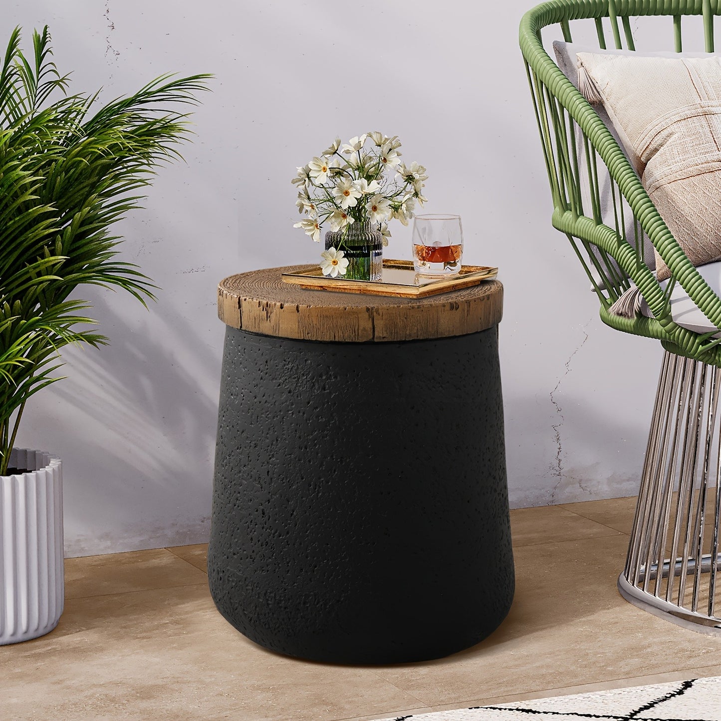 Outdoor Side Table 17in Concrete with Wood-Look Top, Accent End Table for Patio, Garden Stool for Living Room, Bedroom, Backyard Decor, Black & Hourglass Style