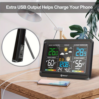 Wireless Weather Station - Indoor Outdoor Thermometer with 7.6" LCD, Barometer, Humidity, Moon Phase & USB Charging