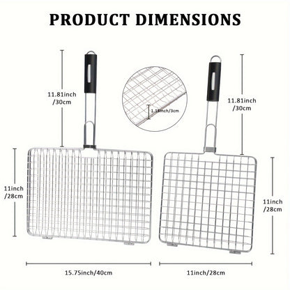 Grill Basket Stainless Steel Folding BBQ Grilling Basket for Fish Chicken Vegetables Shrimp Portable Outdoor Camping Barbecue Accessory 3 Sizes