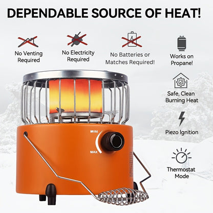 Portable Propane Heater Stove 2-in-1 Camping Gas Stove & Heater 3680-9000 BTU with Ignition, Stainless Steel, No Electricity Needed for Camping, Ice Fishing, Hunting, Hiking & Emergency Preparedness