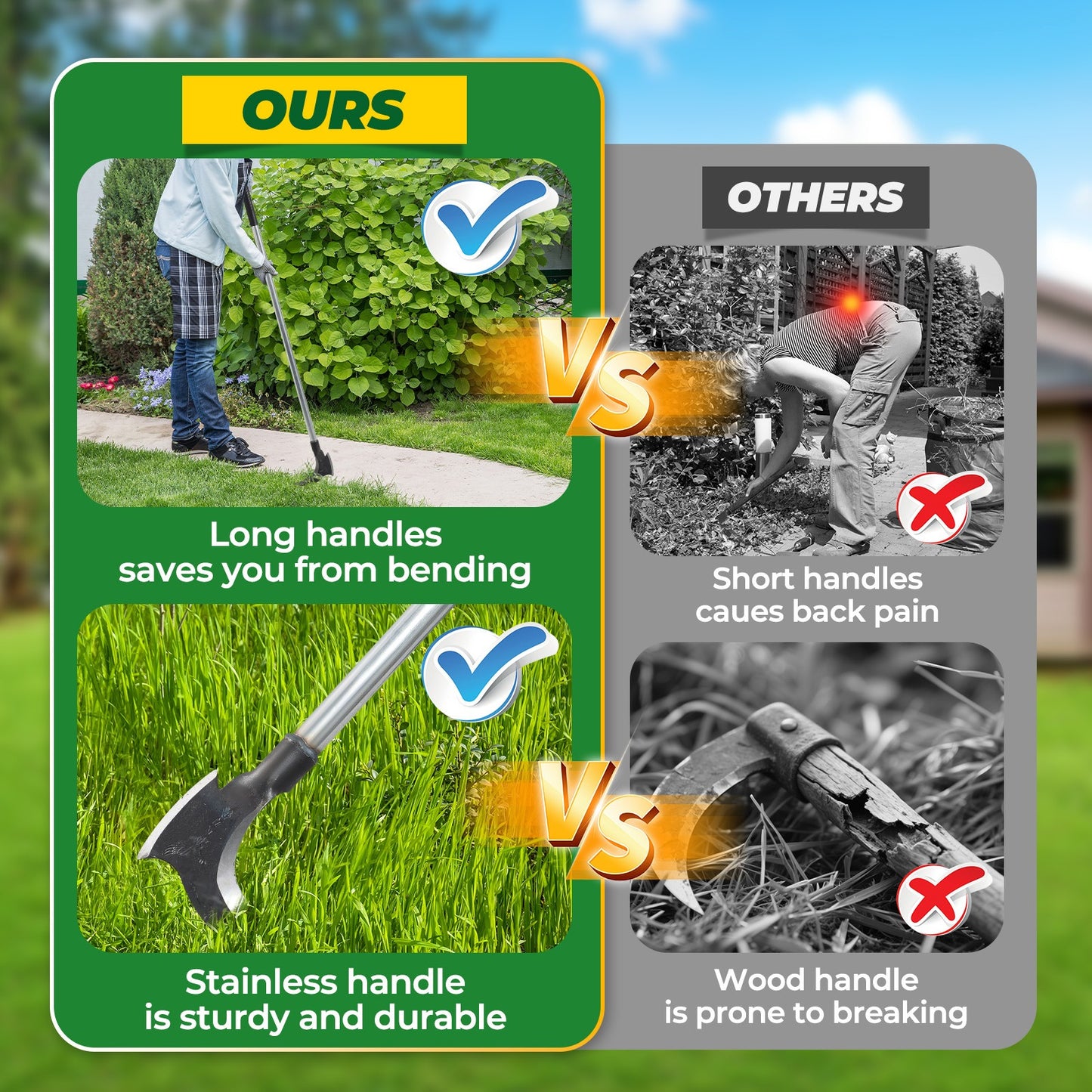 Garden Sickle Double Blade High-Manganese Carbon Steel with 39-Inch Handle, Sharp Curved Weeding Scythe for Grass Cutting, Mowing, Brush Clearing and Agricultural Use
