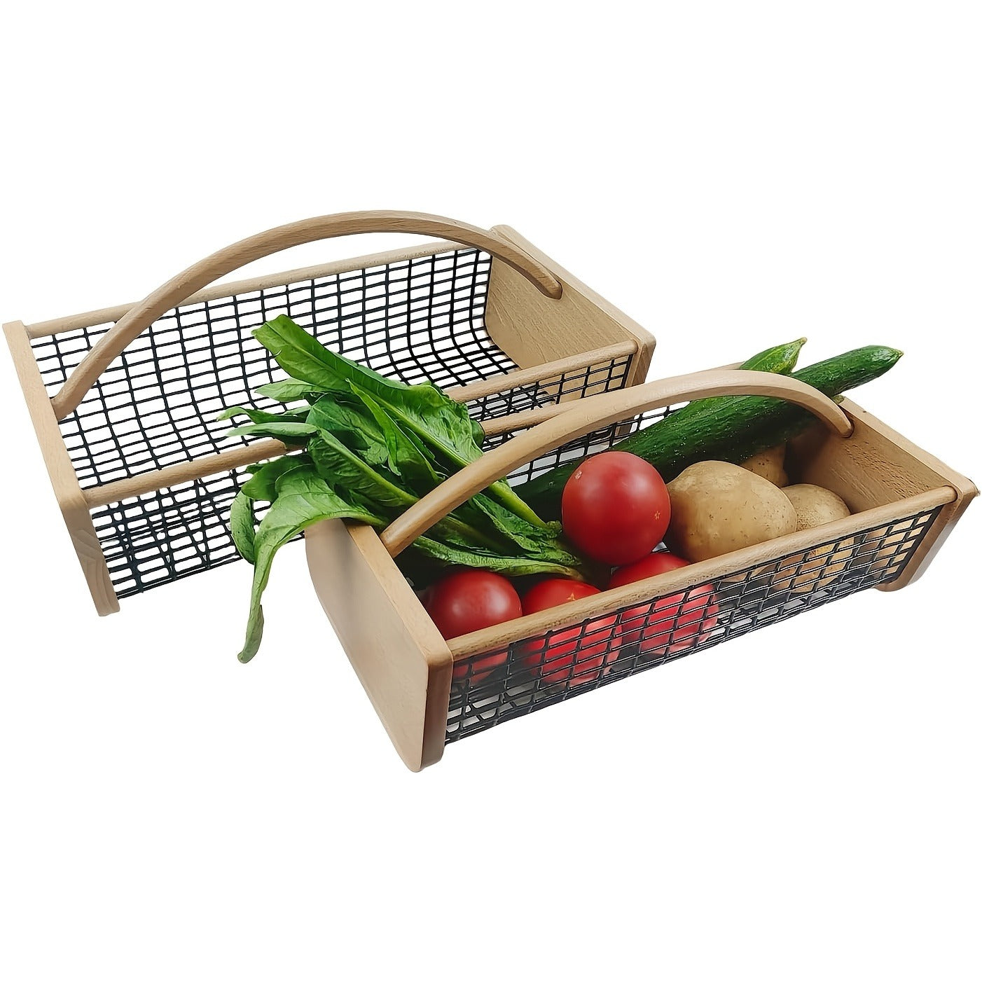 Garden Harvest Basket Metal Mesh with Wooden Handle – Rectangle Vegetable Fruit Picking Basket for Garden, Kitchen & Farmhouse Storage, Wash & Drain Design, Small & Large, Black