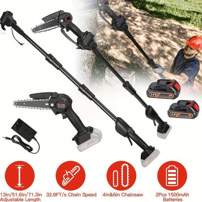 Tree Trimmer Pole Saw Cordless 2-in-1 with 4" & 6" Chains, 24V 1500mAh×2 Batteries, 3-Section Extendable to 71" & 90° Swivel Head for Branch Cutting