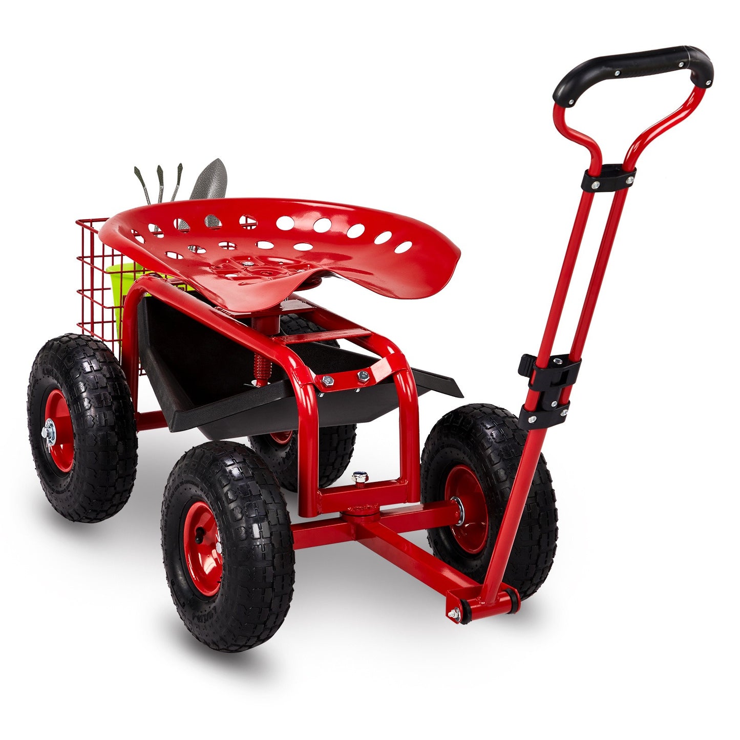 Rolling Garden Seat Cart | Backrest, Cushion, Telescopic Handle & Storage Basket, Steel Frame