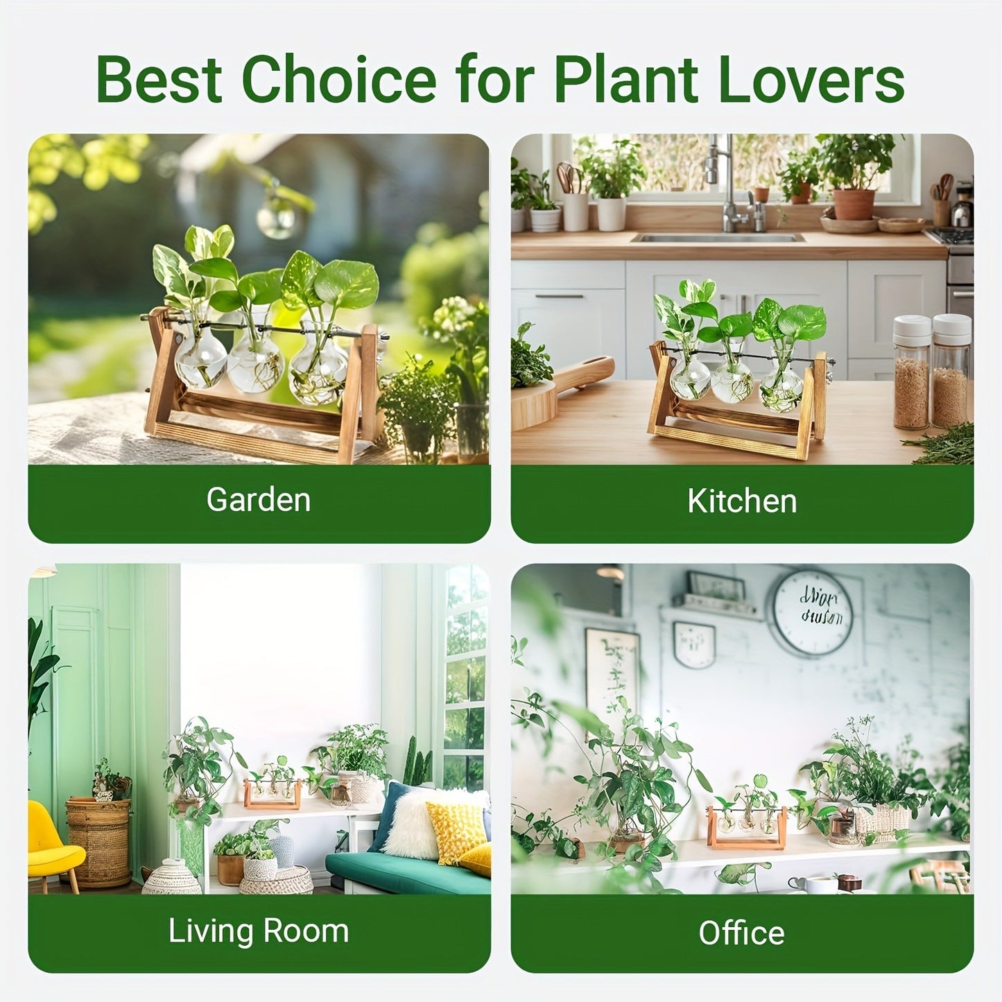 Propagation Station 3 Bulb Glass Vase with Wooden Stand - Hydroponic Plant Terrarium for Home Office Desk Decor, Unique Gardening Gift for Women Plant Lovers, Boho Cottagecore