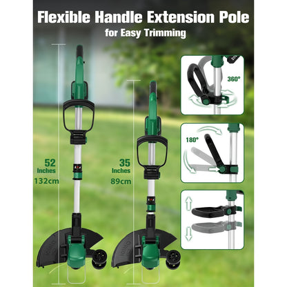 String Trimmer Cordless 2-in-1 Weed Wacker & Lawn Edger with Wheels – KIMO Brushless Motor 20000 RPM, 12" Cutting Width, 2x 2.0Ah Batteries, Lightweight for Yard Garden Patio & Landscaping