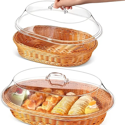 Wicker Bread Basket with Clear Acrylic Lid Rattan Storage Basket Washable Food Tray for Bread Fruit Desserts Kitchen Picnic Home Display Square Round