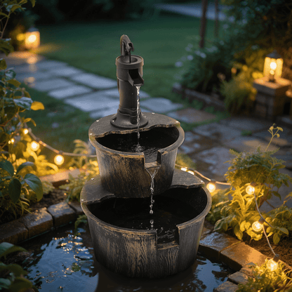 Outdoor Water Fountain | 2-Tier Barrel Waterfall Patio Garden Decor