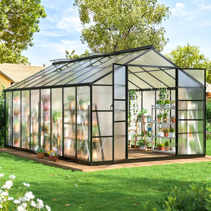 Polycarbonate Greenhouse Walk-In Aluminum Frame 720g PC Panels, 90% UV Protection, 5-Speed Roof Vents & Lockable Door for Backyard Year-Round Gardening, Multiple Sizes