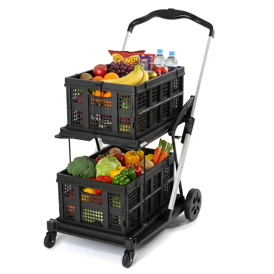 Folding Shopping Cart with 2-Layer Storage Crate | Heavy Duty Collapsible Utility Cart for Groceries, Warehouse & Supermarket | Black