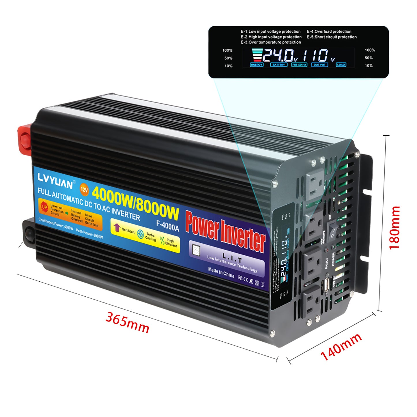 Pure Sine Wave Power Inverter 4000W 8000W Peak DC 12V to AC 110V with LCD Display Remote Control 4 AC Outlets for Car Truck RV Boat Solar Off-Grid