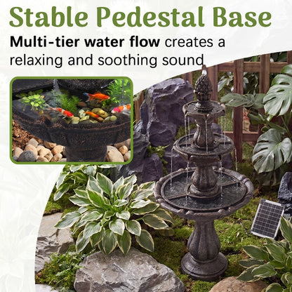 Solar Powered Outdoor Water Fountain 3-Tier – 50.5" Cascading Resin Garden Fountain with Pineapple Finial, IPX8 Pump & IP65 Solar Panel, Weather-Resistant for Patio Backyard Decor, Brown