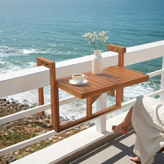 Acacia Wood Folding Side Table Hangable Wall-Mounted Patio Table 25in Square Semi-Round Outdoor Indoor Balcony Deck Space-Saving Foldable Wood Table