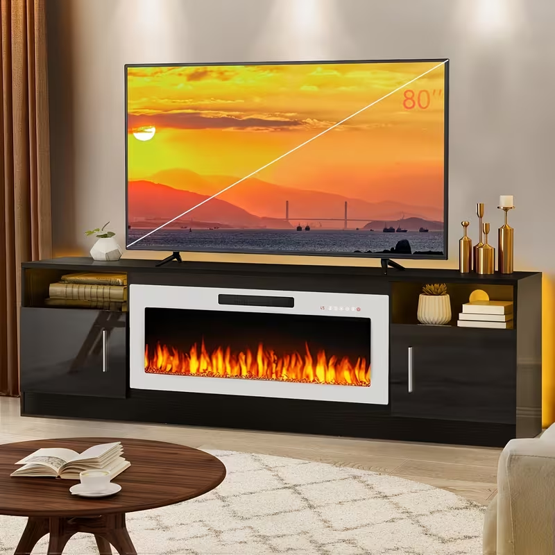 TV Stand with Fireplace 70 Inch for TVs up to 80" 36" Electric Fireplace LED Light Entertainment Center Highlight Storage Cabinet Modern Wood Media Console