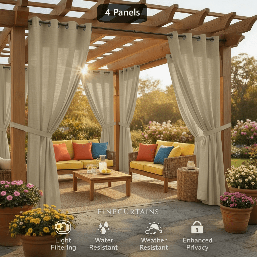 Sheer Curtains for Patio Outdoor – Grommet Top, 4 Panels, Light Filtering, UV & Water Resistant, Privacy Drapes for Pergola, Gazebo, Porch, Backyard, Beige Black Gray White Silver Taupe