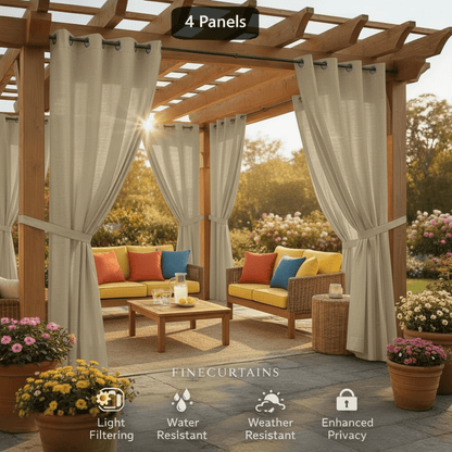Sheer Curtains for Patio Outdoor – Grommet Top, 4 Panels, Light Filtering, UV & Water Resistant, Privacy Drapes for Pergola, Gazebo, Porch, Backyard, Beige Black Gray White Silver Taupe