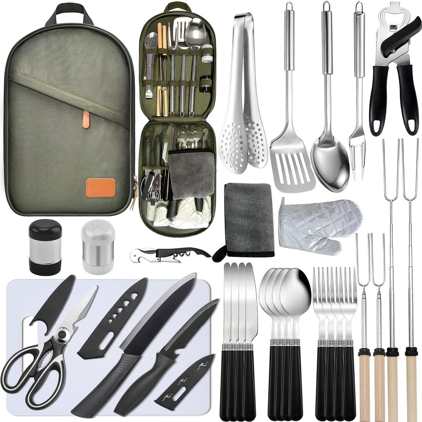 Camping Utensil Set 31-Piece Stainless Steel Cooking Kit with Organizer Bag – Food-Grade 304 Steel Portable Outdoor Kitchen Tools for Camping Hiking RV BBQ Picnic Travel