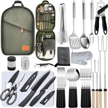 Camping Utensil Set 31-Piece Stainless Steel Cooking Kit with Organizer Bag – Food-Grade 304 Steel Portable Outdoor Kitchen Tools for Camping Hiking RV BBQ Picnic Travel