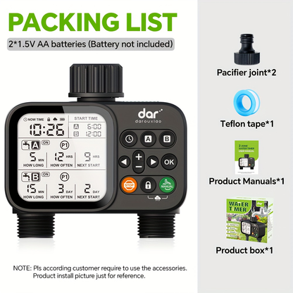 2 Zone Sprinkler Timer Garden Hose Water Timer with Rain Delay Programmable Faucet Controller