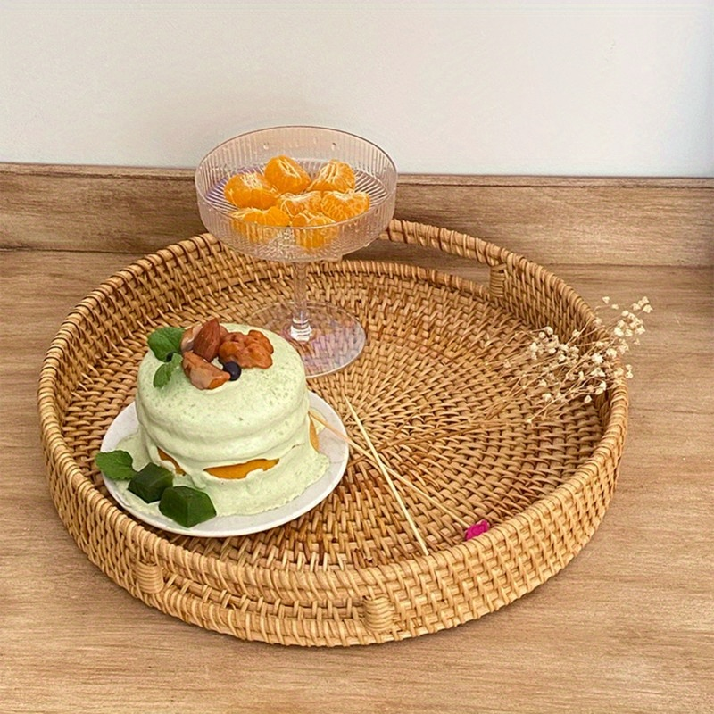 Serving Tray Basket - Hand-Woven Round Rattan Organizer for Fruits Bread Snacks, Rustic Farmhouse Decor for Kitchen Dining Table Coffee Station
