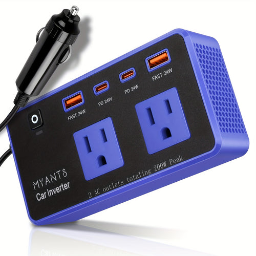 Car Inverter Charger 200W DC 12V to AC 110V with PD 24W USB-C QC 24W Quick Charge Car Plug Adapter US Socket for Vehicle Office Camping Road Trip Travel Blue