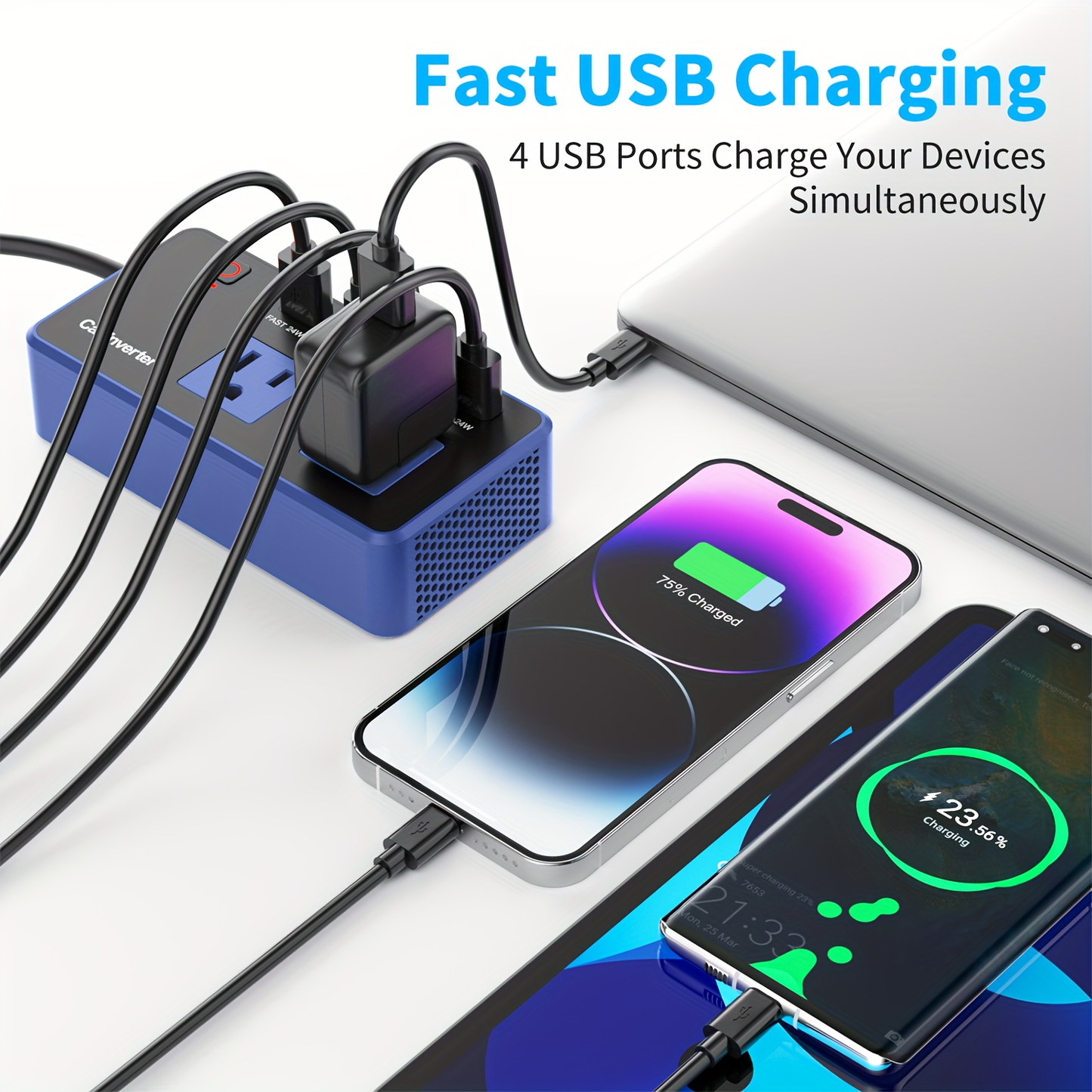 Car Inverter Charger 200W DC 12V to AC 110V with PD 24W USB-C QC 24W Quick Charge Car Plug Adapter US Socket for Vehicle Office Camping Road Trip Travel Blue