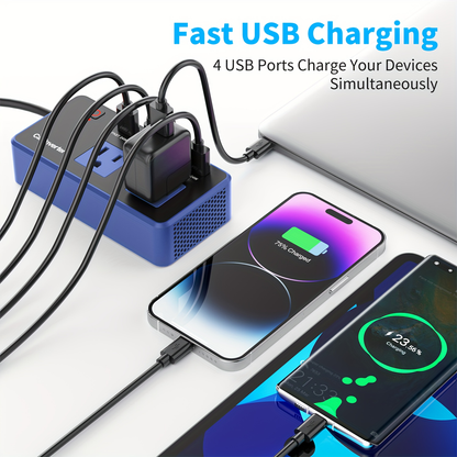 Car Inverter Charger 200W DC 12V to AC 110V with PD 24W USB-C QC 24W Quick Charge Car Plug Adapter US Socket for Vehicle Office Camping Road Trip Travel Blue