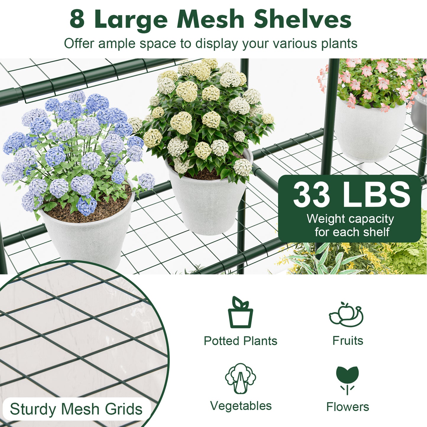 Mini Greenhouse Walk-In 55"x57"x77" with 8 Mesh Shelves, Transparent PVC Cover, Roll-Up Zippered Door & Heavy-Duty PE-Coated Metal Frame for Garden & Yard