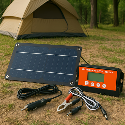 Solar Panel Kit 100W Monocrystalline with Extension Cable, Battery Clip & Charge Controller – 12V/24V for RV, Camper, Off-Grid Camping & Outdoor Portable Solar Generator