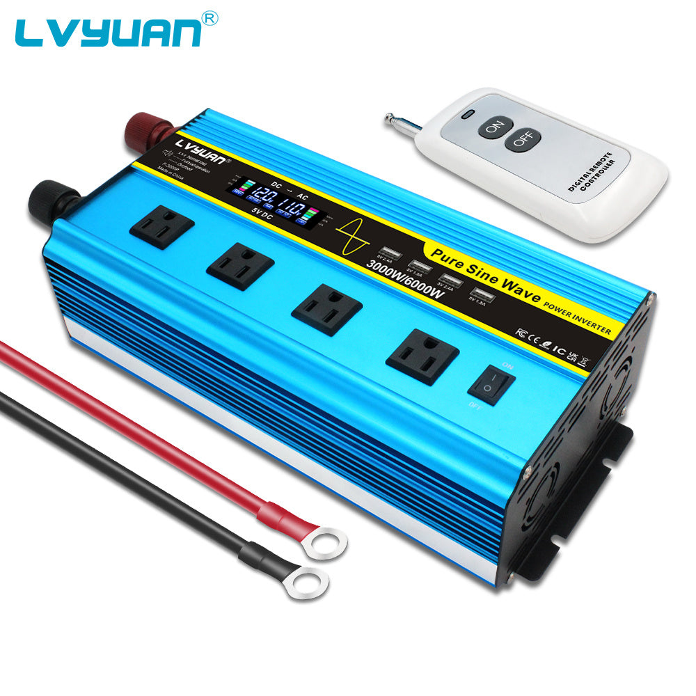 Pure Sine Wave Inverter 3000W 6000W Peak DC 12V 24V to AC 110V with LCD Display 4 AC Outlets Wireless Remote Control for RV Truck Vehicle Camping Home Backup