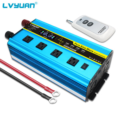 Pure Sine Wave Inverter 3000W 6000W Peak DC 12V 24V to AC 110V with LCD Display 4 AC Outlets Wireless Remote Control for RV Truck Vehicle Camping Home Backup