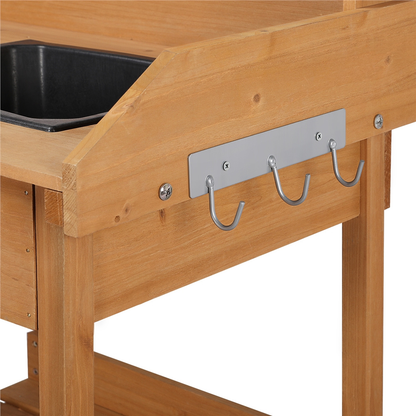 Garden Potting Table 4-Tier with Removable Sink, Adjustable Shelf, Drawer & Side Hooks, Outdoor Planter Stand for Yard Greenhouse in Wood, Brown & Gray