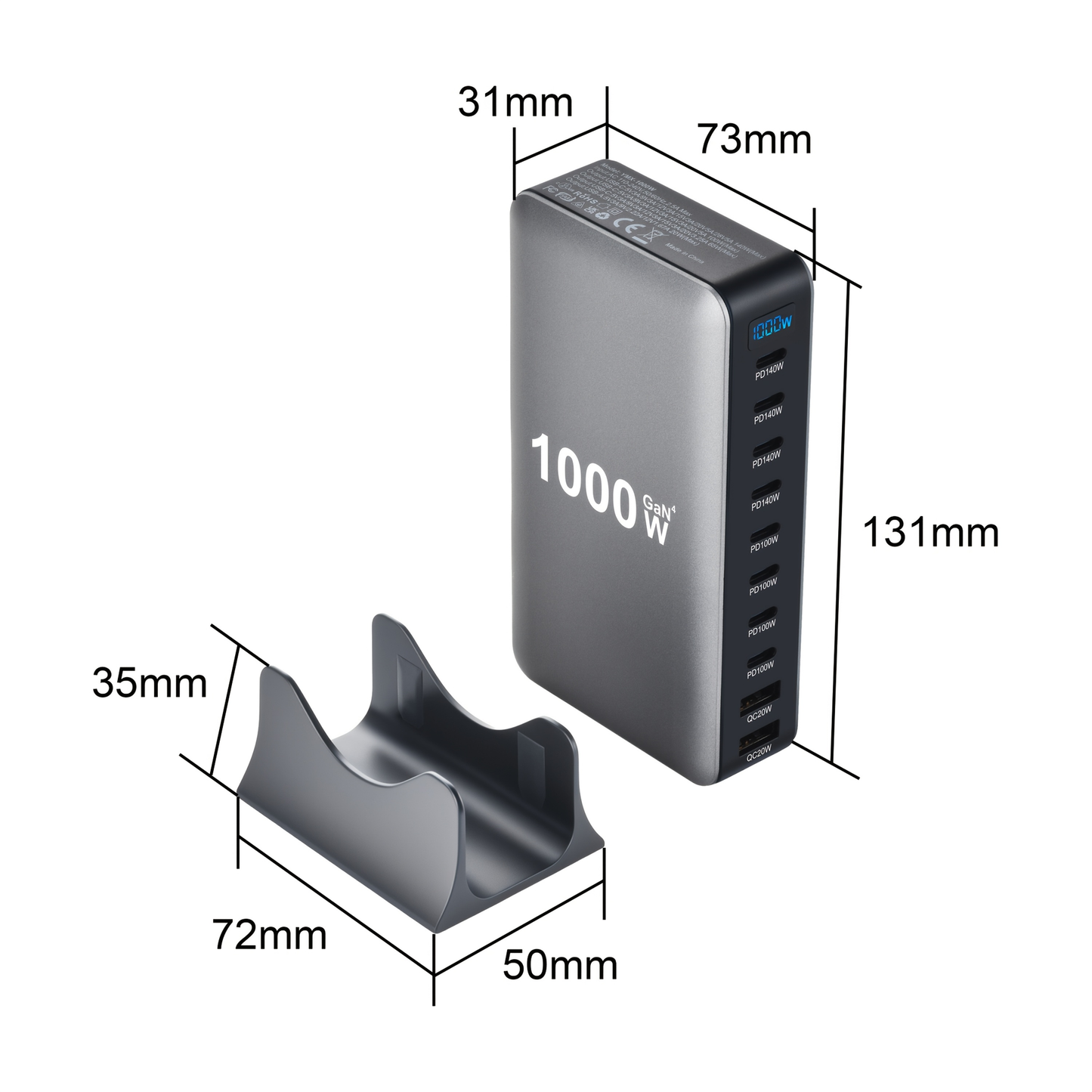 GaN Charging Station 1000W GaN3 10-Port USB-C Fast Charger for Laptops Tablets Smartphones 110-240V Universal Travel Power Hub Multi-Device Desktop