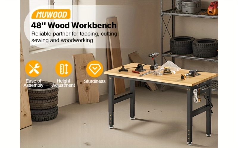 Workbench Heavy Duty Height Adjustable 28-40 Inch 2000 LBS Capacity Steel Frame Rubber Wood Top ETL Power Outlet Pegboard for Garage Workshop Home Office