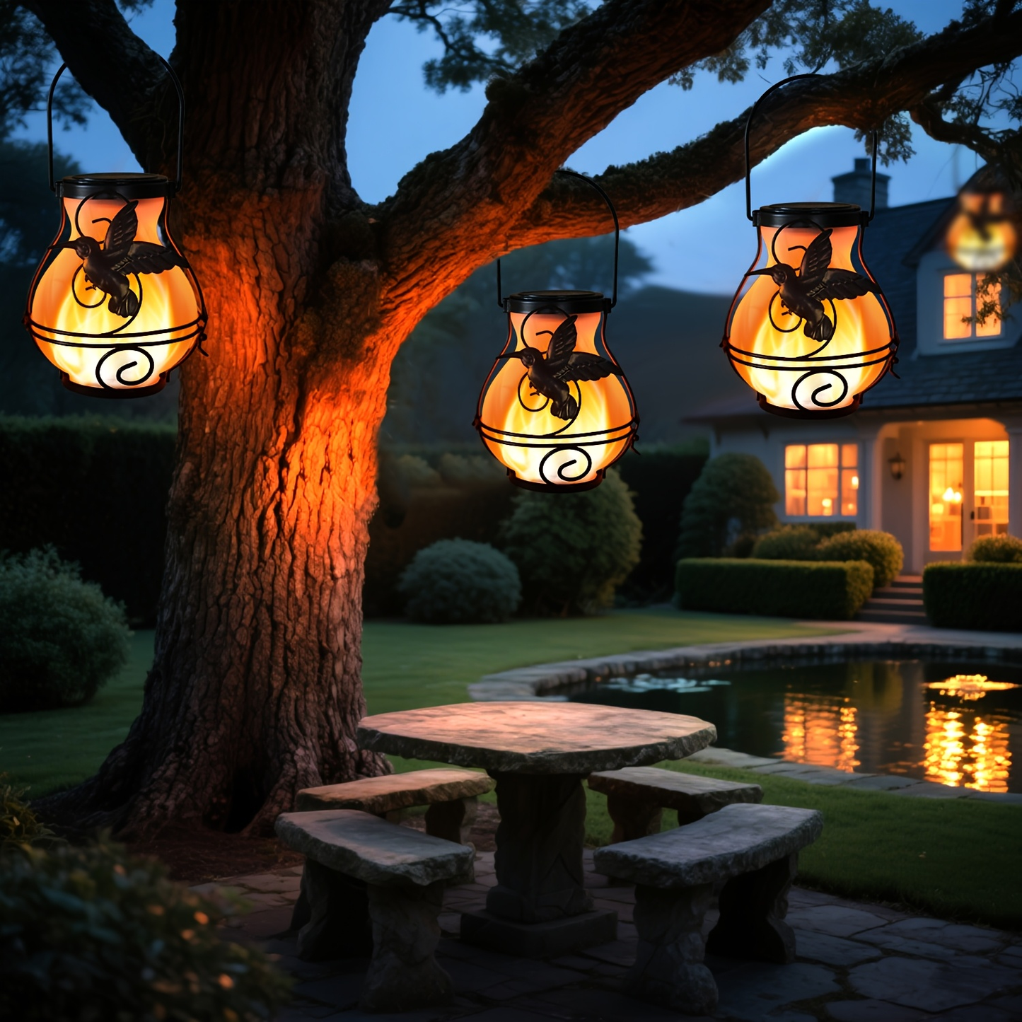 Solar Hummingbird Flame Torch Lights Outdoor Waterproof IP44 Hanging Flickering Garden Lanterns Patio Yard Pathway Decor Stake Lights