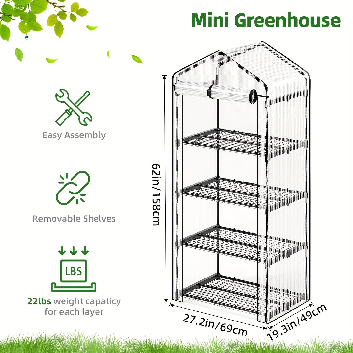 Garden Greenhouse Shelves 3/4-Layer Iron Frame with Durable PE Cover, Portable Indoor Outdoor Plant Greenhouse for Seedlings, Herbs & Flowers, White & Green