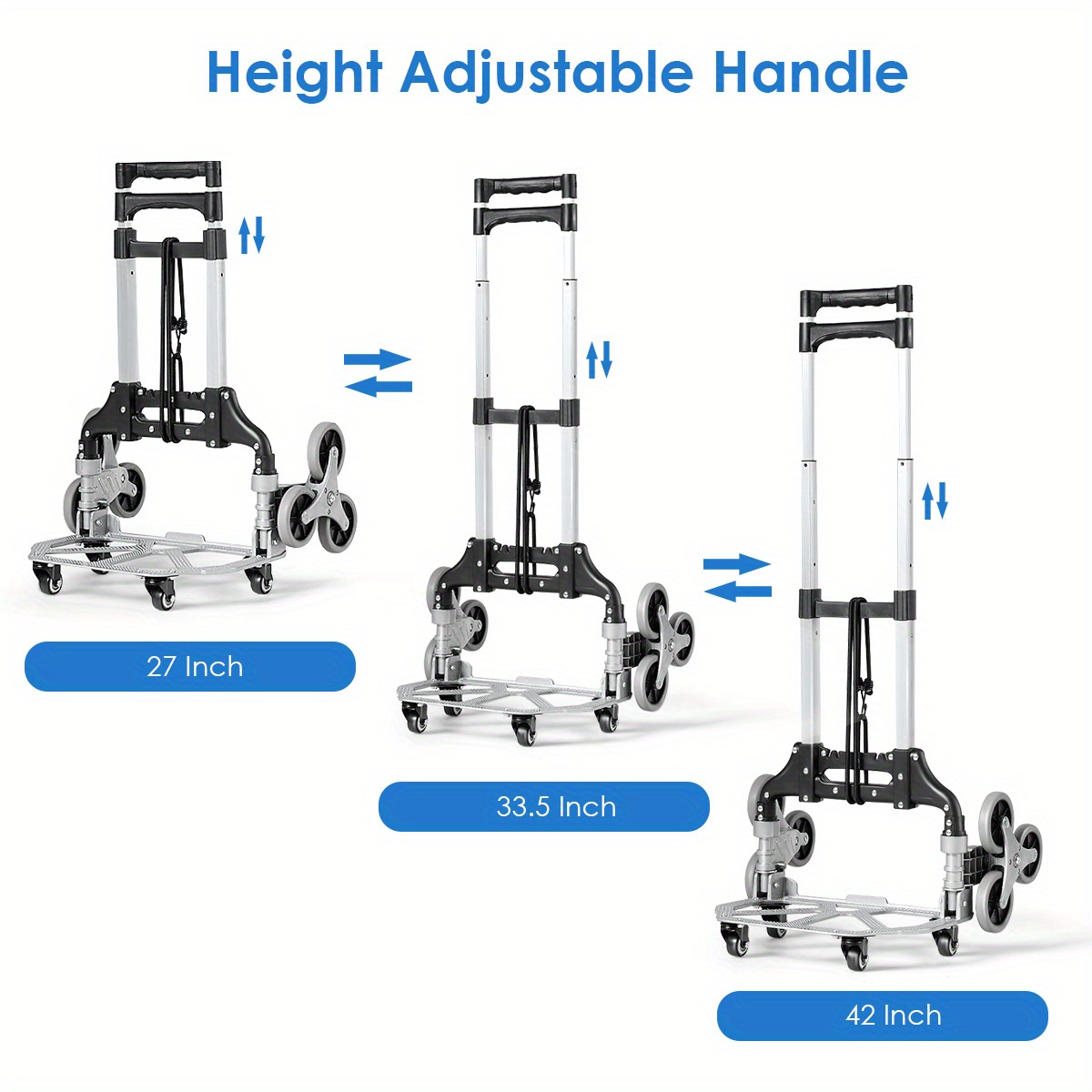 Stair Climbing Cart Folding Hand Truck 180 lbs Capacity, Aluminum Alloy Utility Dolly with Telescoping Handle, 3-Wheel Stair Climber & 4 Swivel Casters, Bungee Cord Included
