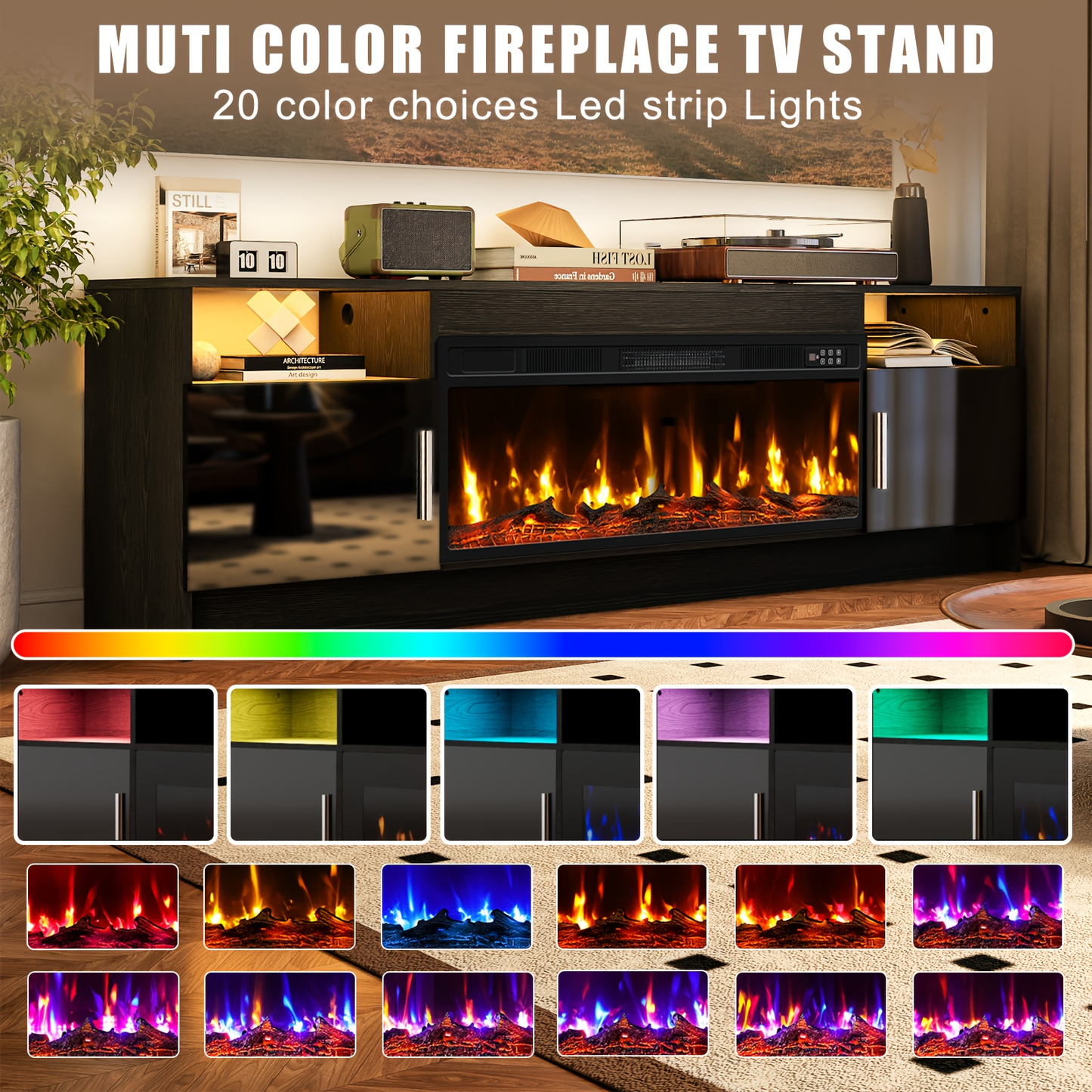 Entertainment Center with Electric Fireplace 70 Inch TV Stand for TVs up to 80" 36" Fireplace 20-Color LED High Gloss Storage Cabinet Wood Grain