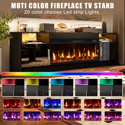 Entertainment Center with Electric Fireplace 70 Inch TV Stand for TVs up to 80" 36" Fireplace 20-Color LED High Gloss Storage Cabinet Wood Grain