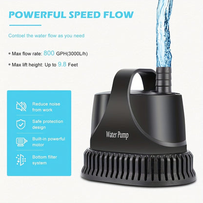 Submersible Water Pump 800GPH 40W, Fountain & Pond Pump w/ 7ft Cord
