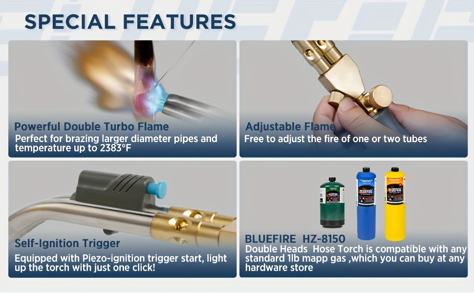 Propane MAPP Gas Brazing Torch Double Turbo Swirl Flame with 5FT Hose & Trigger Start – Heavy Duty Welding Blowtorch for Copper Pipe Plumbing HVAC, Torch Only