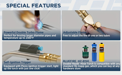 Propane MAPP Gas Brazing Torch Double Turbo Swirl Flame with 5FT Hose & Trigger Start – Heavy Duty Welding Blowtorch for Copper Pipe Plumbing HVAC, Torch Only