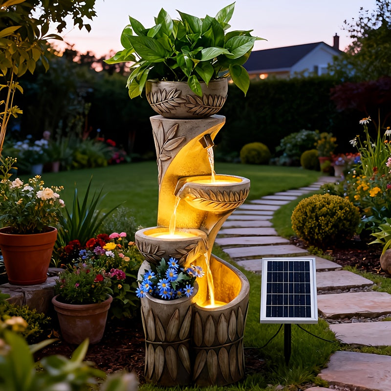 Outdoor Water Fountain 35.6" 4-Tier Solar Cascading Bowls with Lights