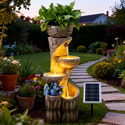 Outdoor Water Fountain 35.6" 4-Tier Solar Cascading Bowls with Lights