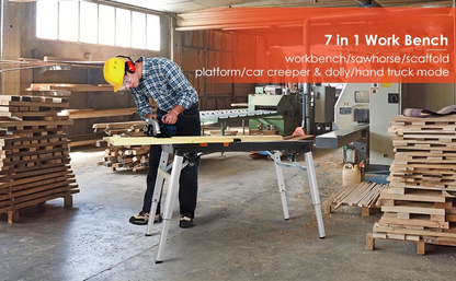 7in 1 Multifunctional Work Benches, Folding Work Table for Garage, As Portable Workbench, Sawhorse, Scaffold, Platform, Car Creeper, Dolly And Hand Truck, with 4 Wheels, Perfect Gift for Father's Day, Requires No Assembly